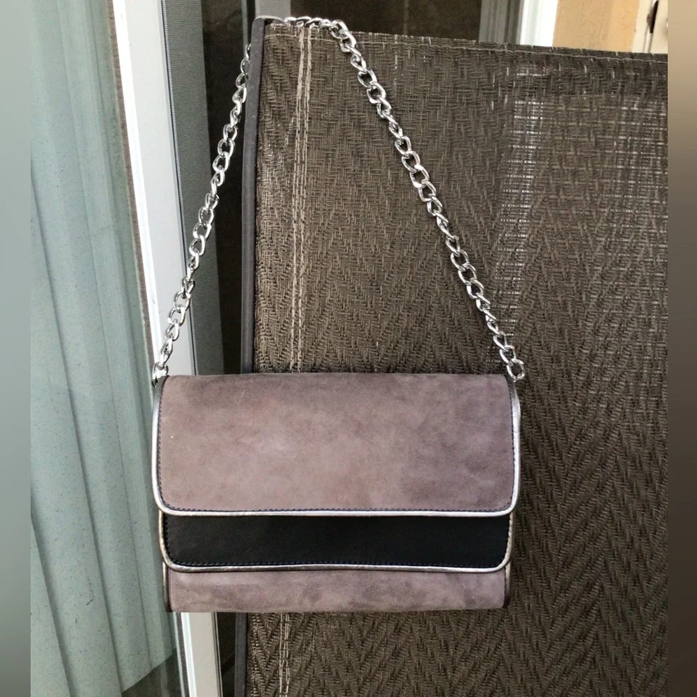Mellow Yellow Gray Suede/ Black Leather Clutch Shoulder Bag